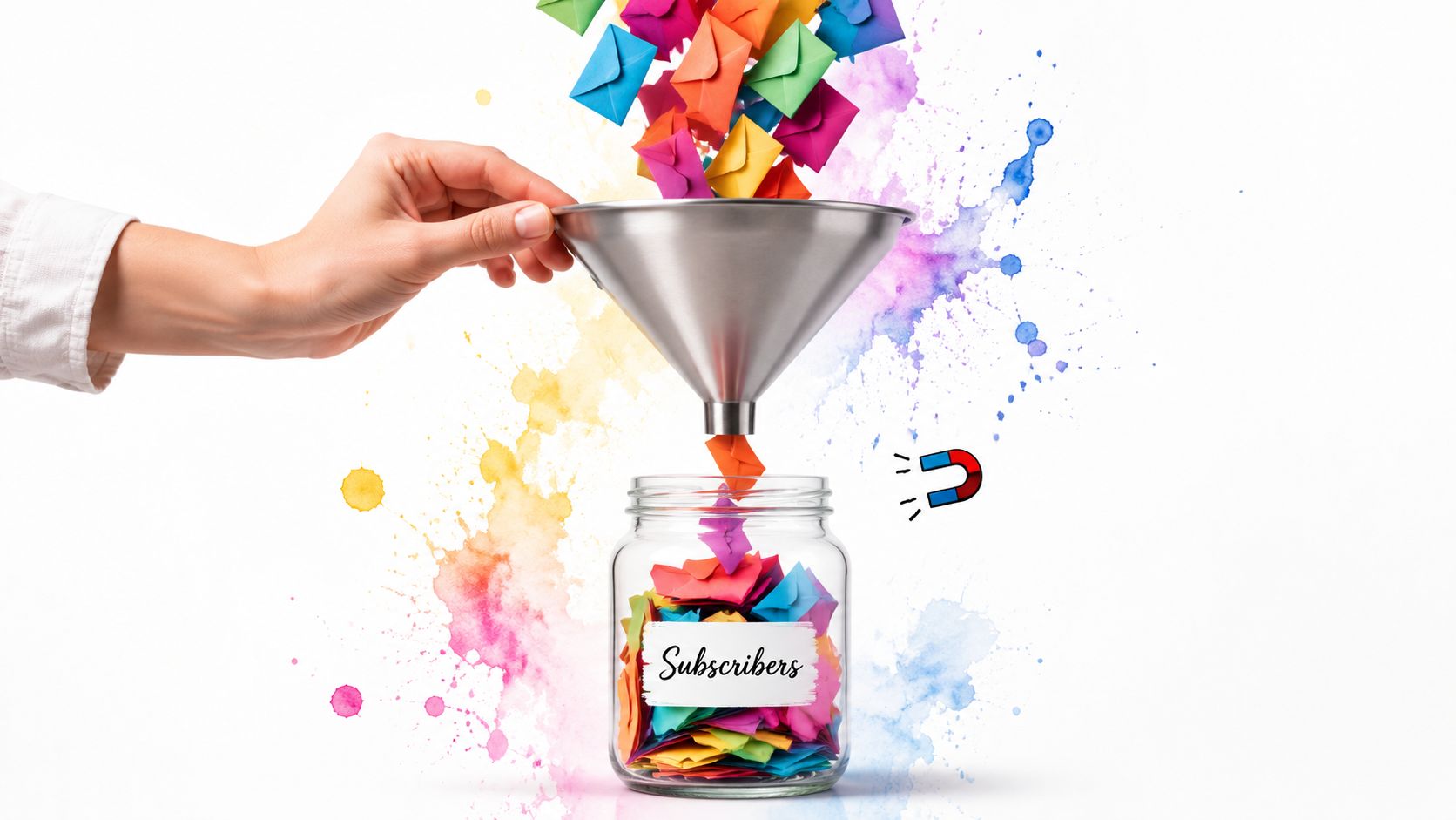 A hand pouring colorful paper envelopes into a glass jar labeled Subscribers using a metal funnel.