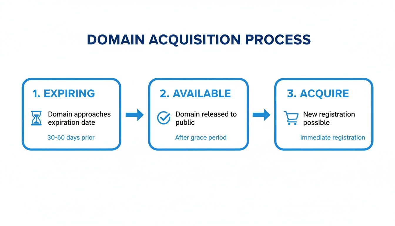 Infographic illustrating the three-step domain acquisition process: expiring, available, and acquire stages.