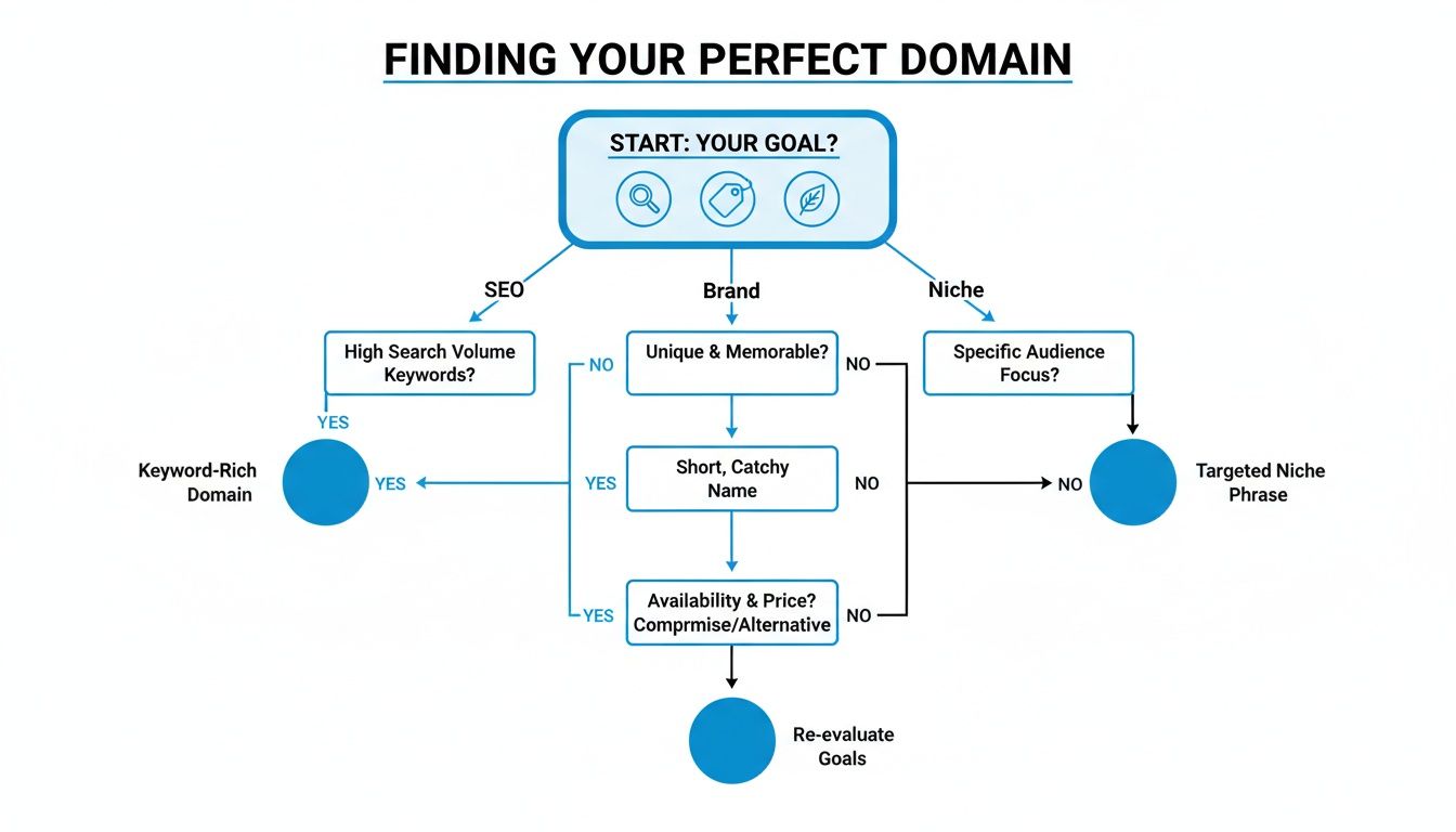 Flowchart guiding users on finding their perfect domain name based on SEO, brand, or niche goals.