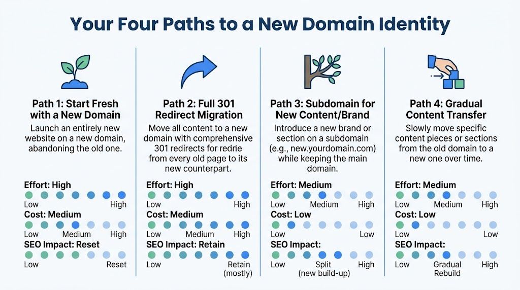 A diagram illustrating four different strategic paths for migrating to a new domain identity and branding.