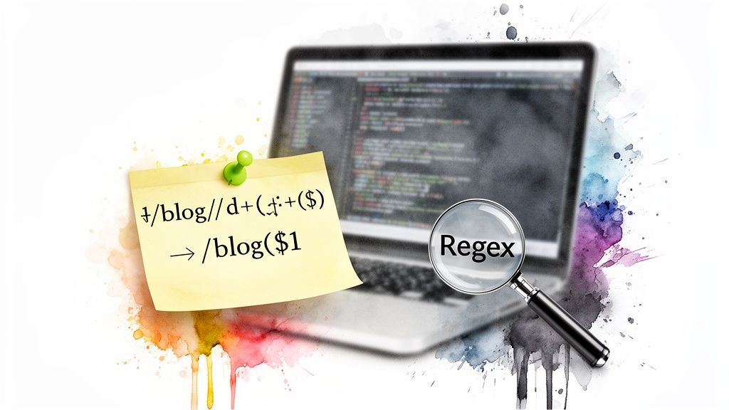A laptop displaying code, a sticky note showing regex redirection, and a magnifying glass labeled 'Regex'.