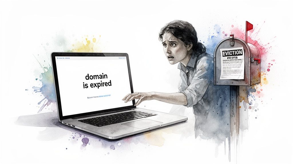 Distressed woman sees 'domain is expired' on laptop, with an eviction notice on mailbox.