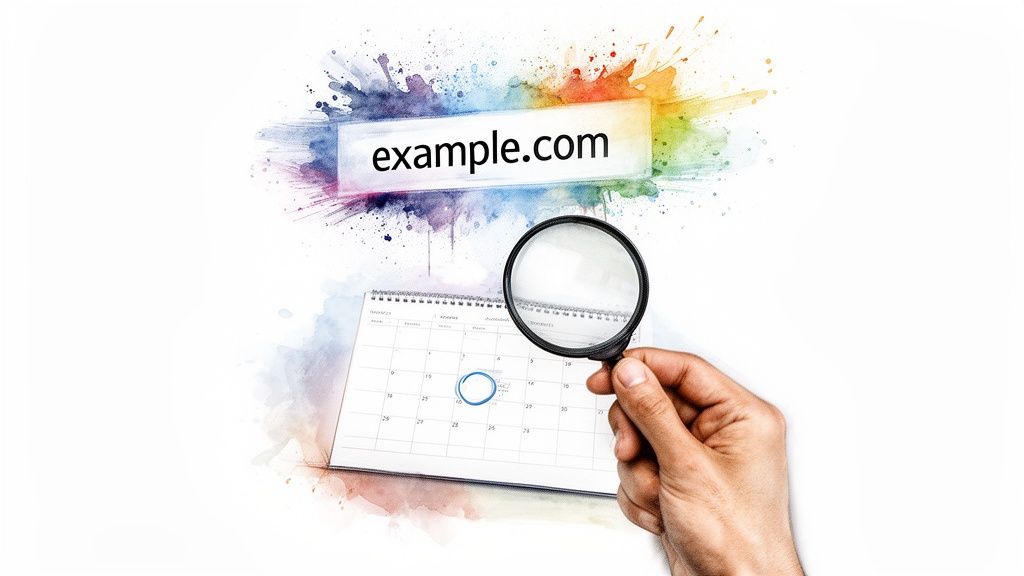 A hand holds a magnifying glass over a calendar with a circled date, next to 'example.com' text.