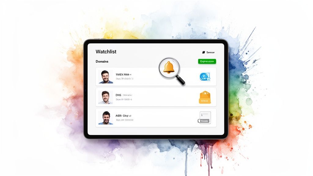 A tablet displays a domain watchlist interface with user profiles and an 'Expires soon' button.
