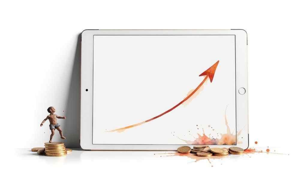 A small child stands on coins next to a tablet displaying an ascending watercolor arrow, depicting financial growth.