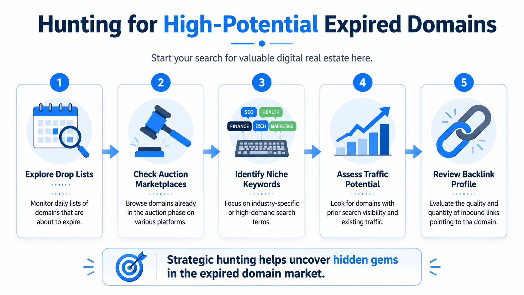 A five-step infographic showing how to hunt for high-potential expired domains for digital real estate.