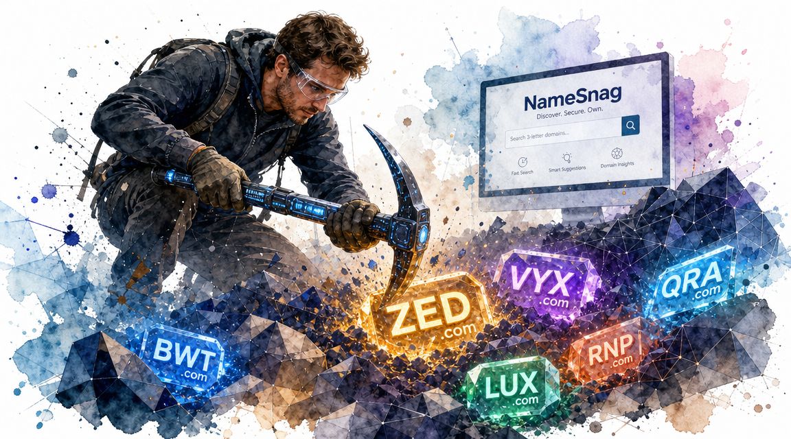 A digital artist mining glowing gemstone blocks representing 3-letter domain names with a futuristic high-tech pickaxe.