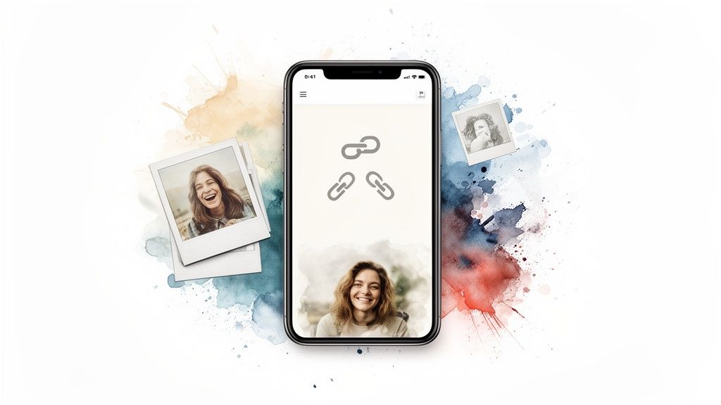 A smartphone app showing connected link icons and a smiling woman, surrounded by instant photo prints.