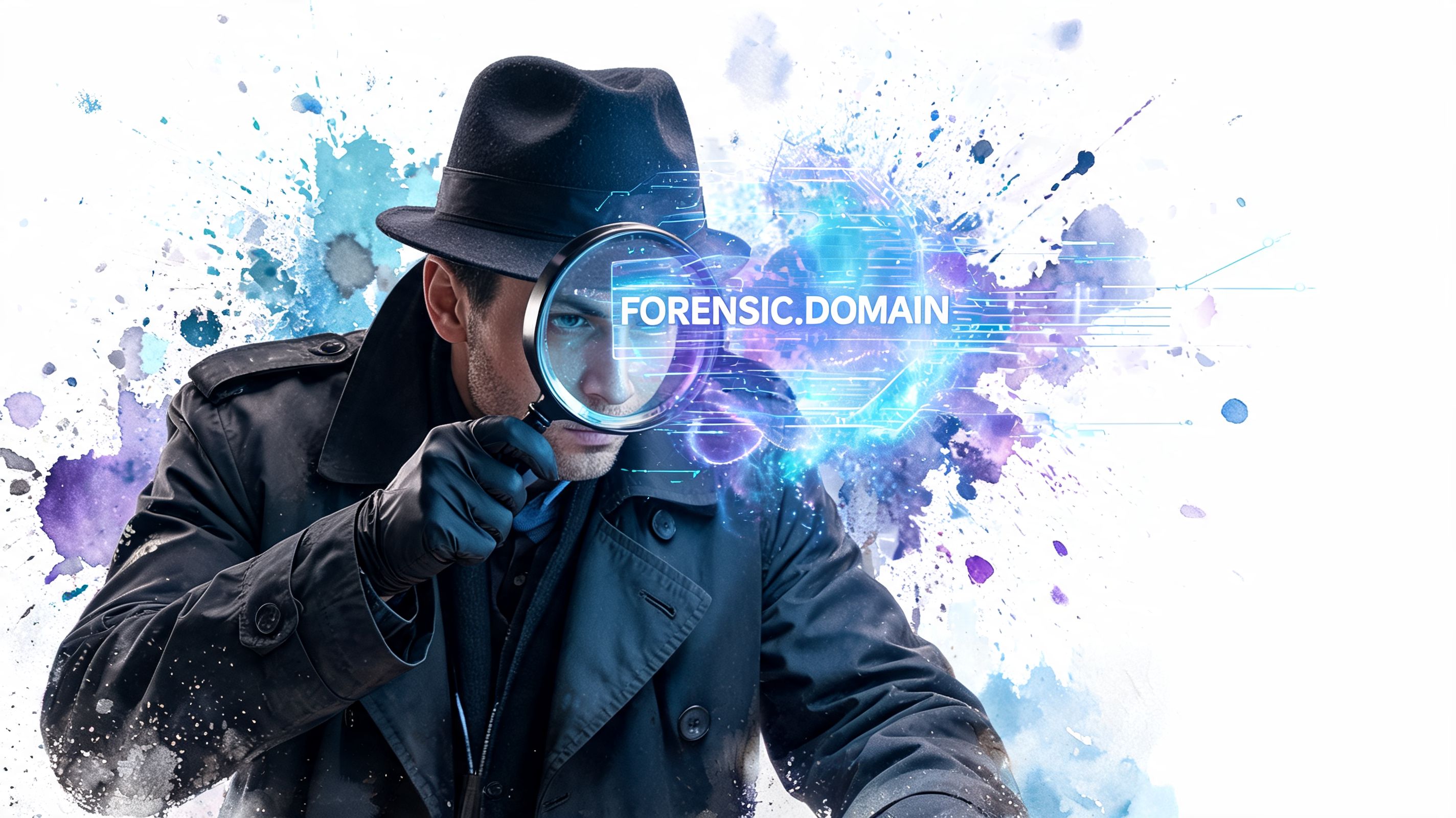 A detective in a trench coat and hat uses a magnifying glass to investigate digital forensic data.