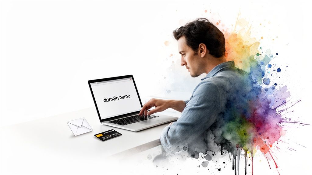 A man researches 'domain name' on a laptop, with a credit card and envelope nearby, against a colorful splash background.