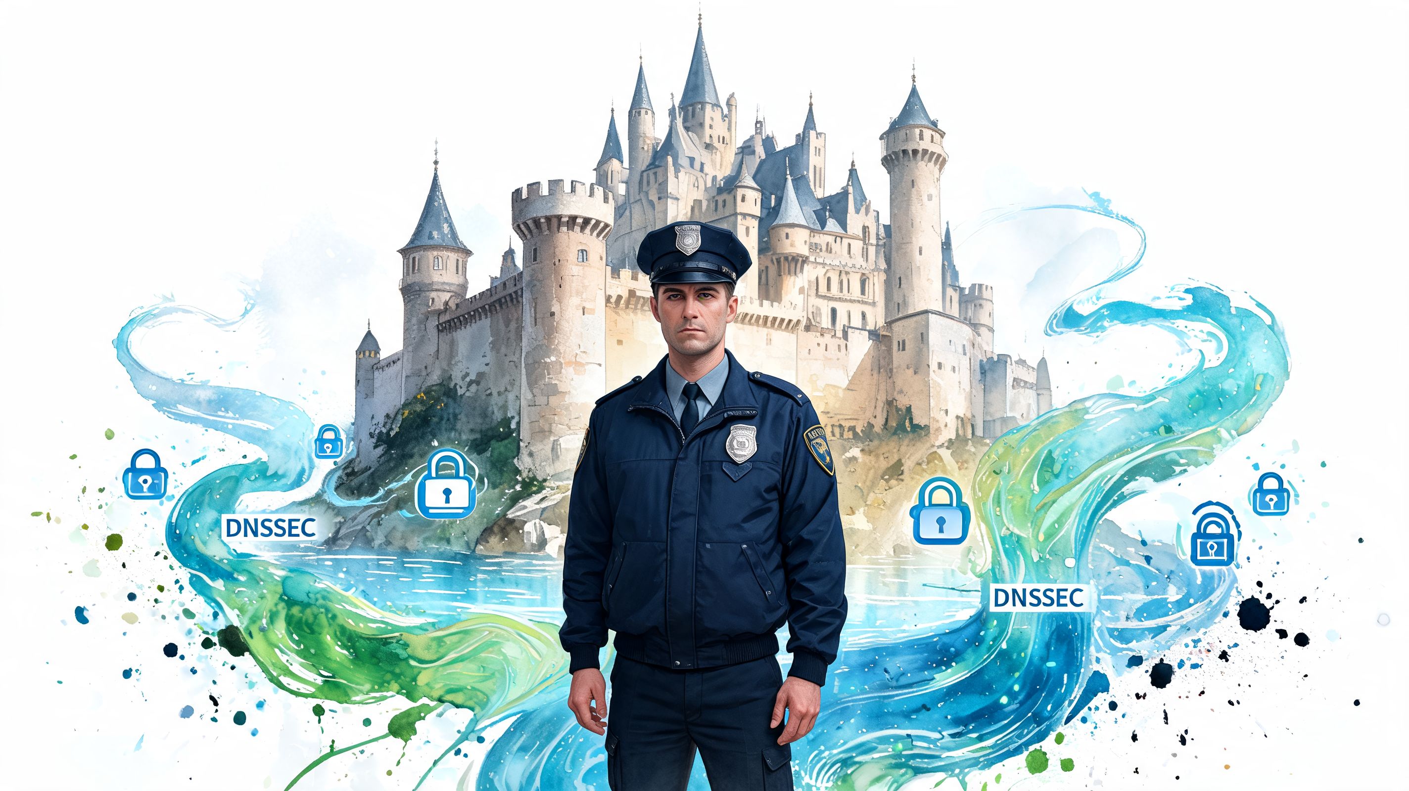 A professional security guard standing in front of a castle illustration with DNSSEC digital security lock icons.