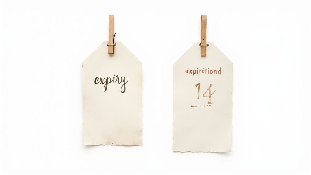 Two cream-colored paper tags, one marked 'expiry' and the other 'expirationd 14', hang on clips.