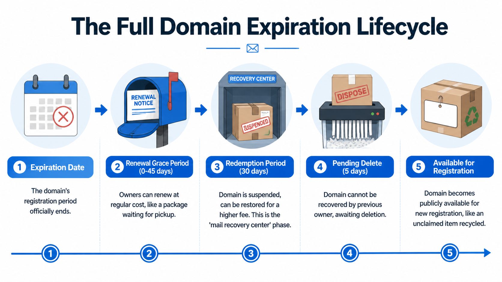 A diagram illustrating the five stages of a domain name expiration lifecycle, from expiration to new registration.