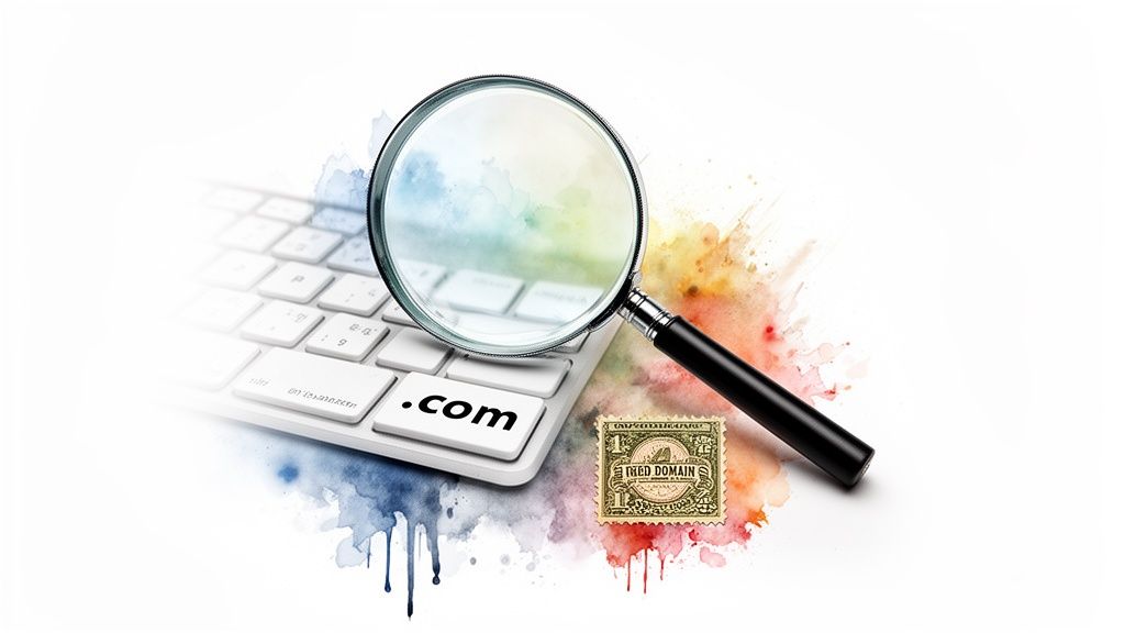 A magnifying glass on a keyboard highlighting a '.com' key and a 'Registered Domain' stamp, with colorful watercolor splashes.