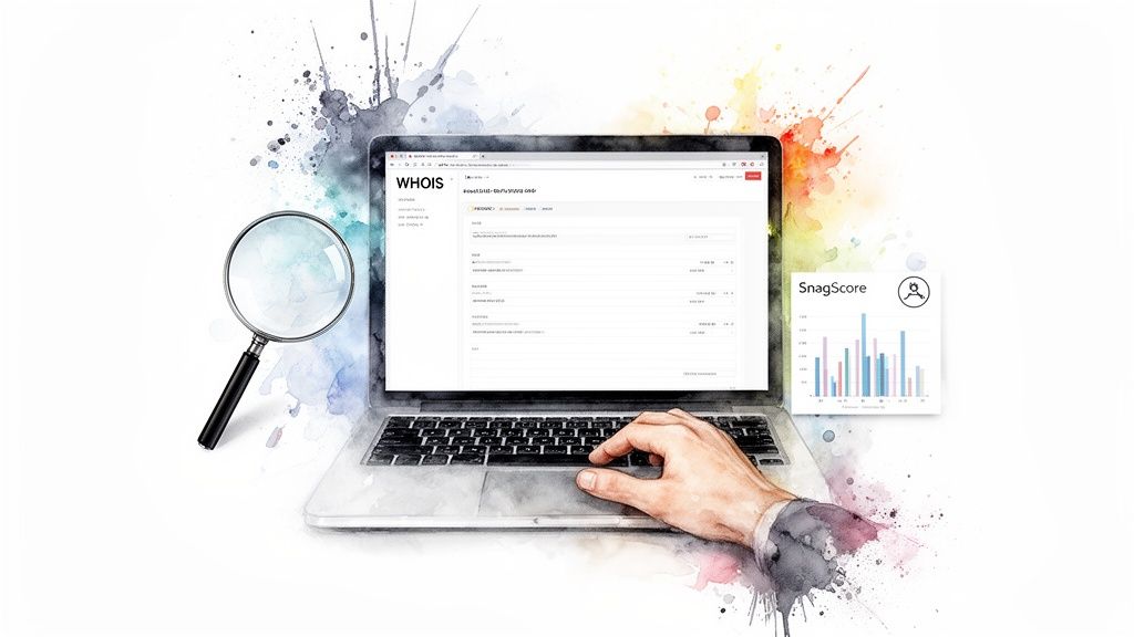 A hand types on a laptop displaying WHOIS domain information, with a magnifying glass and a SnagScore chart.
