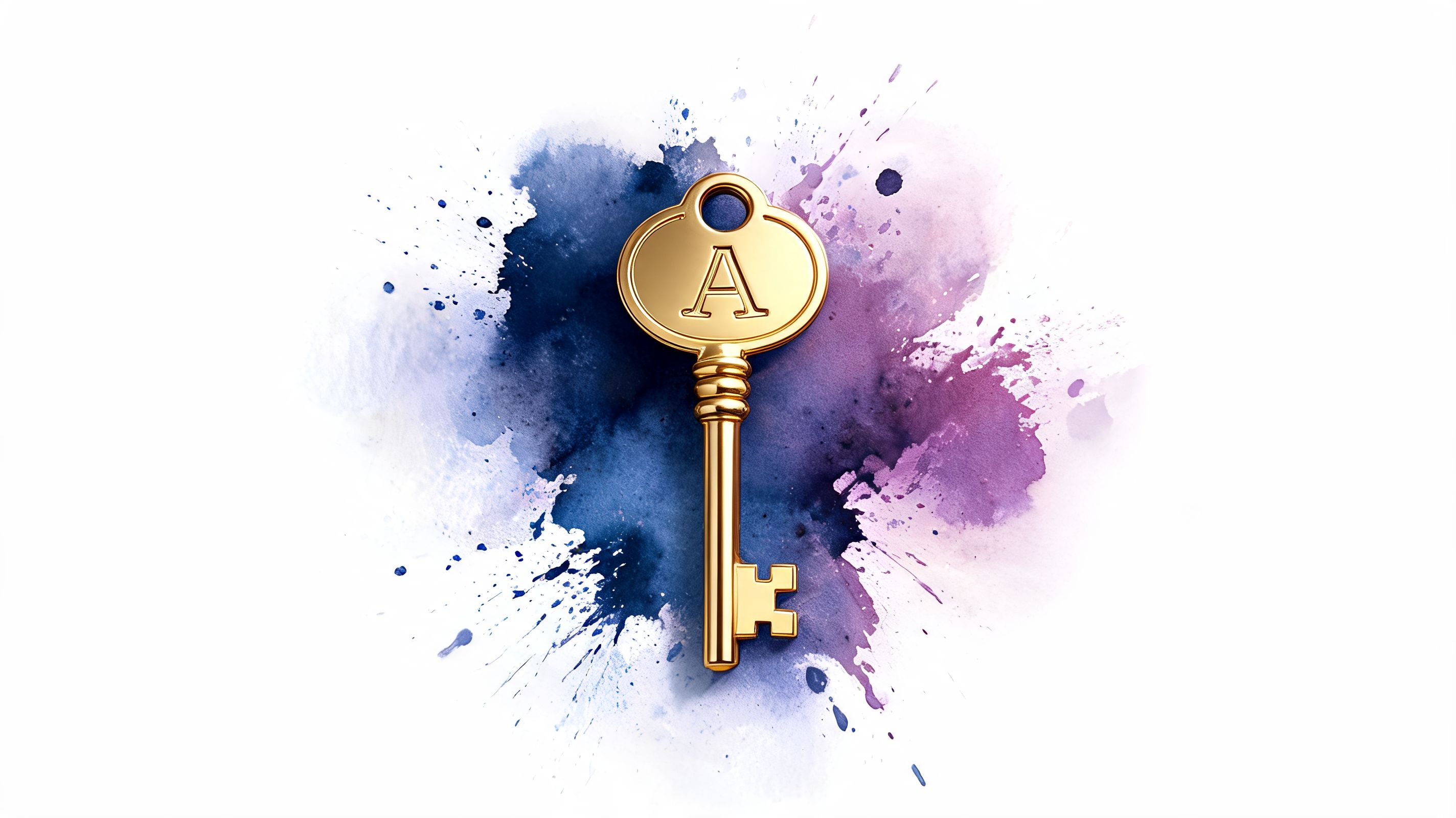 A golden skeleton key with the letter A embossed on it, set against abstract blue and purple watercolor.