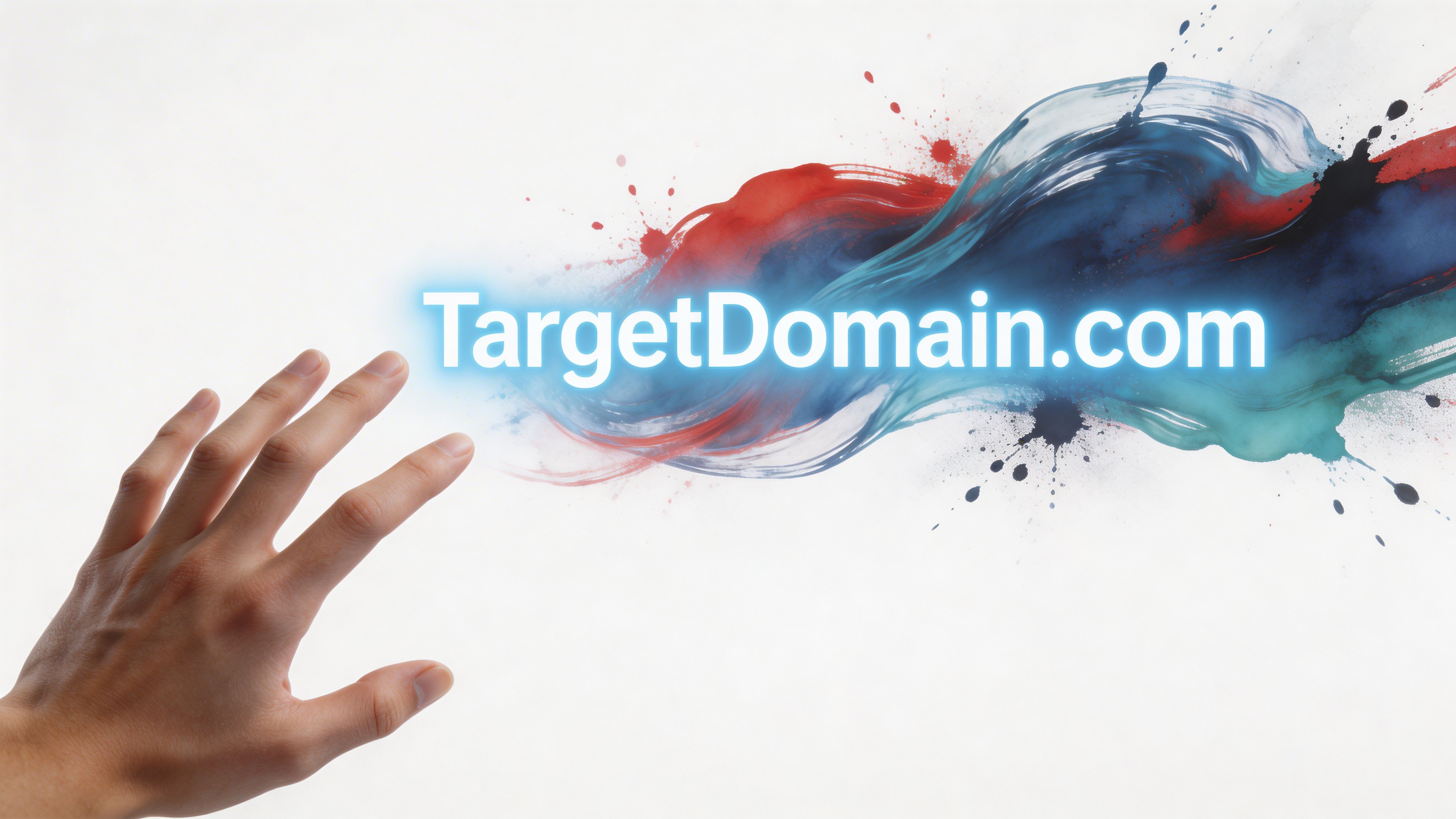 A human hand reaching toward a glowing TargetDomain.com text with abstract colorful paint splashes on white.