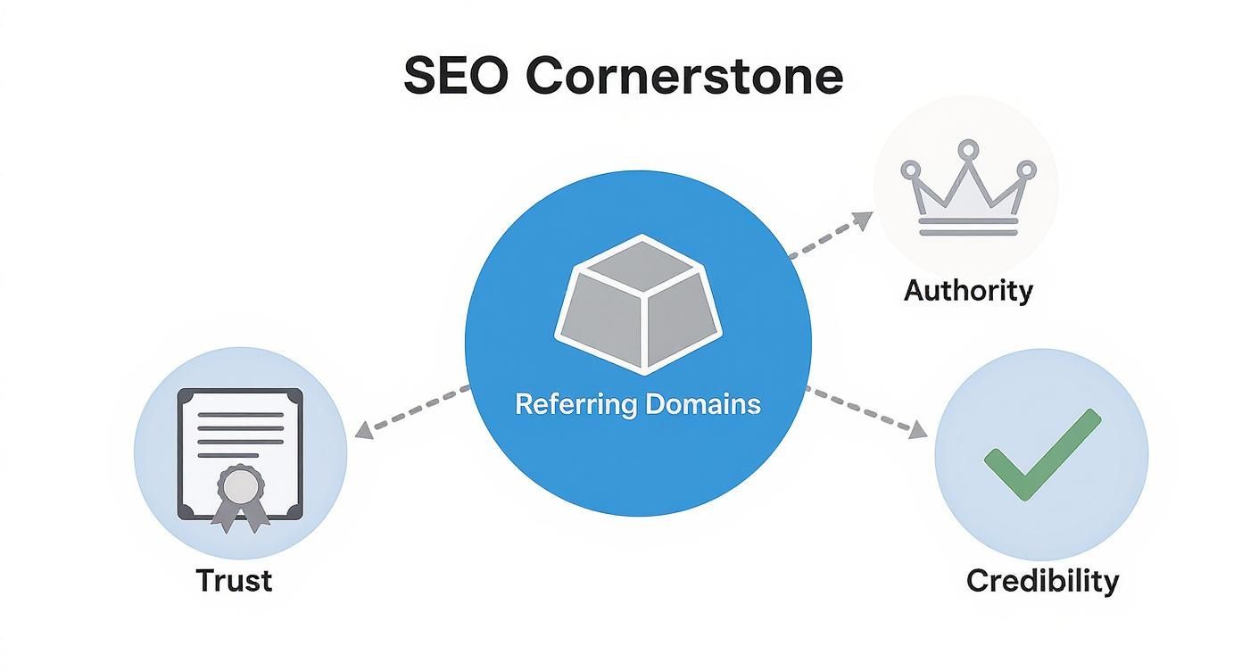 A diagram showing referring domains as the SEO cornerstone, contributing to trust, authority, and credibility.