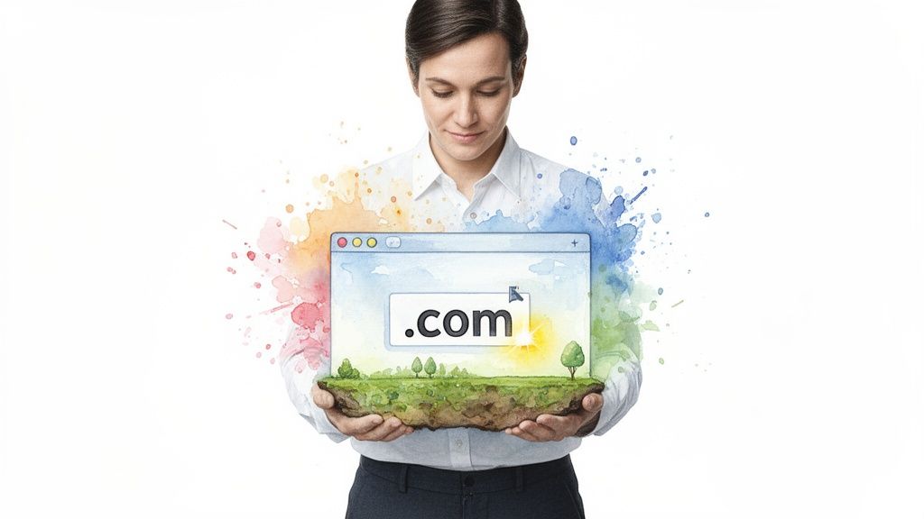 A person holding a conceptual browser window displaying '.com' above a floating green island, representing domain investment.