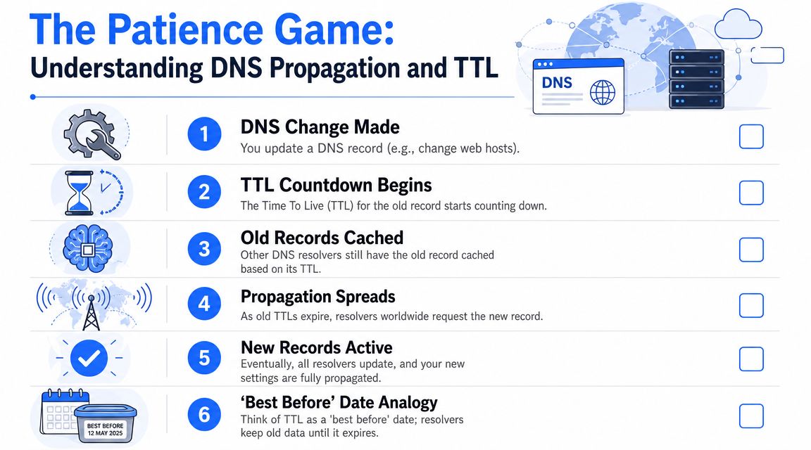 An infographic titled The Patience Game illustrating the six-step process of DNS propagation and TTL.
