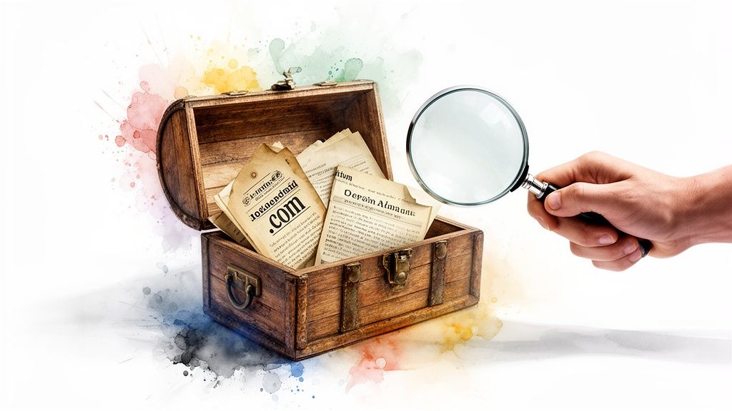 A hand holds a magnifying glass over an open treasure chest filled with old papers, one showing ".com".