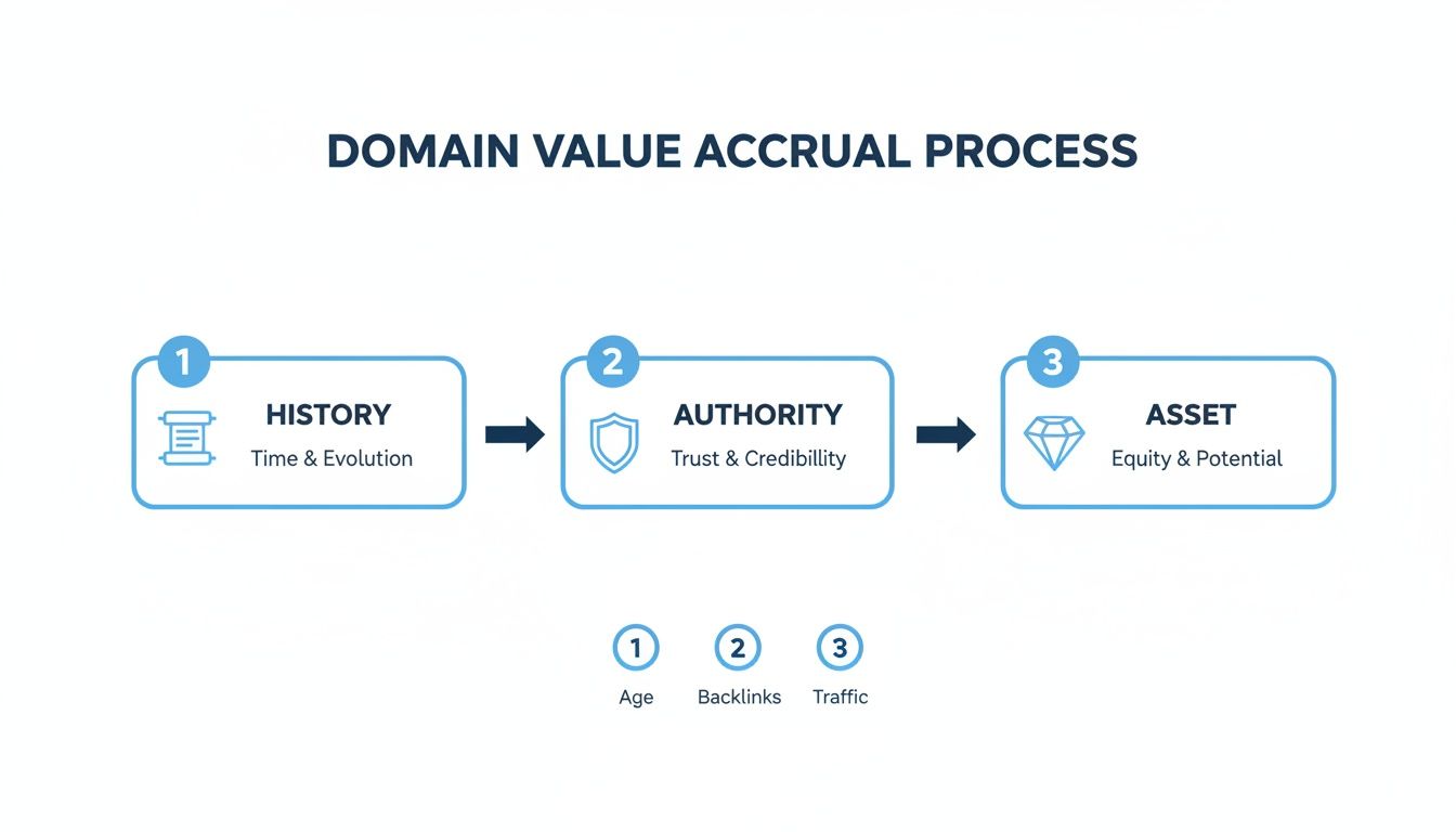 Flowchart illustrating the domain value accrual process: History, Authority, and Asset, driven by Age, Backlinks, and Traffic.