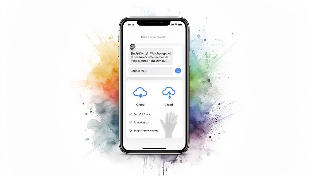 A smartphone displaying a cloud storage app with various options on a colorful watercolor background.