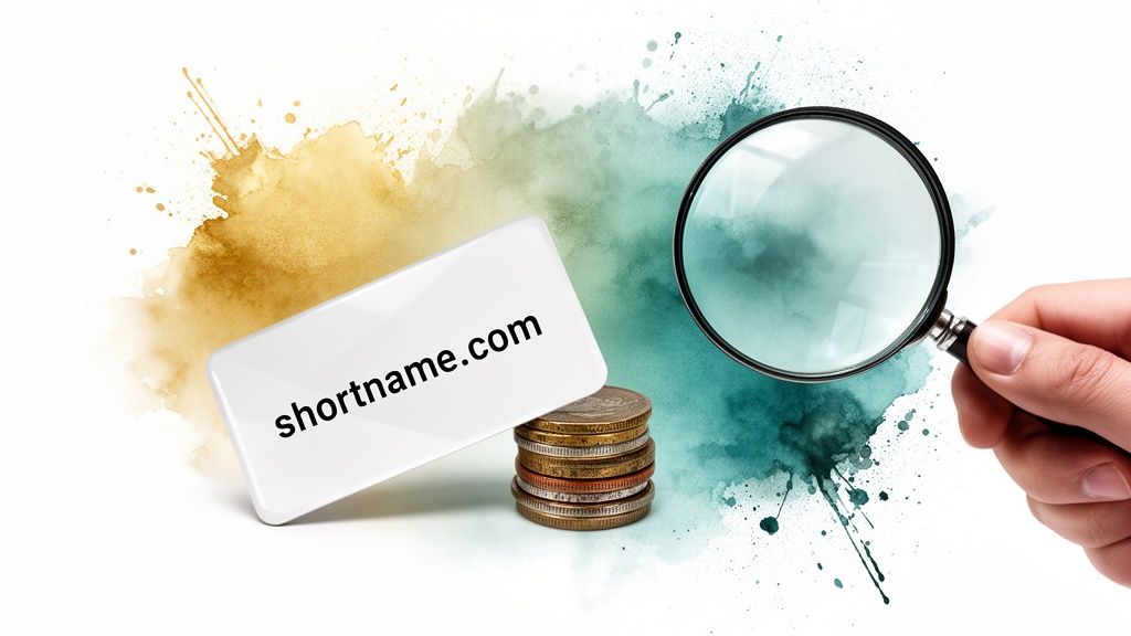 A hand holds a magnifying glass over 'shortname.com' card and a stack of coins, on a watercolor background.