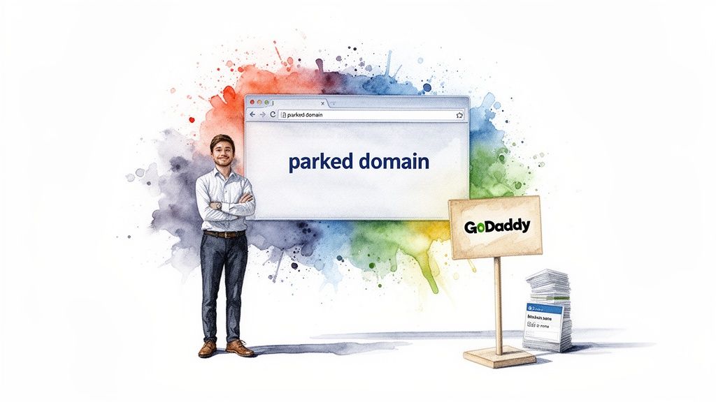 A man stands next to a browser displaying 'parked domain' with a GoDaddy sign and colorful background.