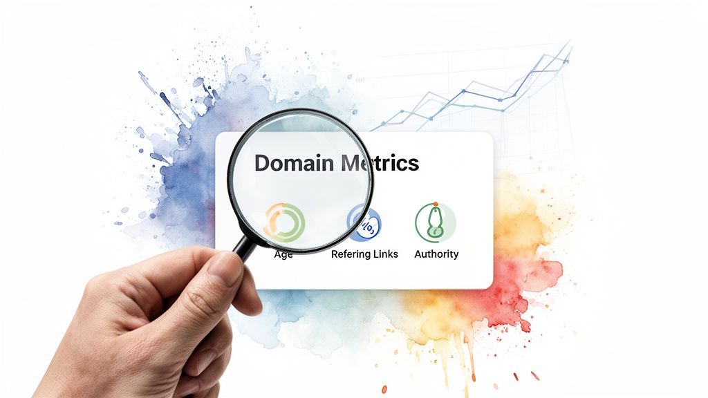 A magnifying glass highlights 'Domain Metrics' on a card, showing Age, Referring Links, and Authority stats.