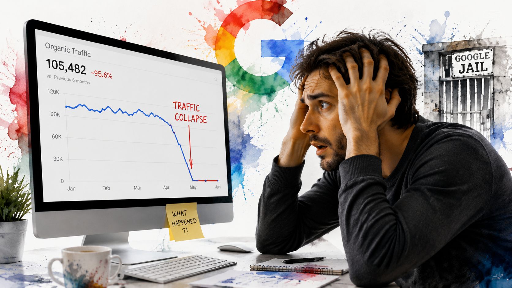 A distressed website owner looking at a computer monitor displaying a drastic traffic drop and Google jail.