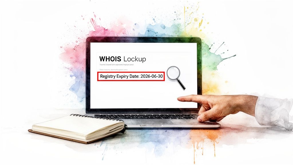 A hand points to a laptop screen displaying a WHOIS lookup showing a domain registry expiry date of 2026-06-30.