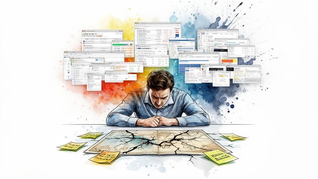 A man is overwhelmed by multiple computer windows and a cracked map, symbolizing complex problem-solving.