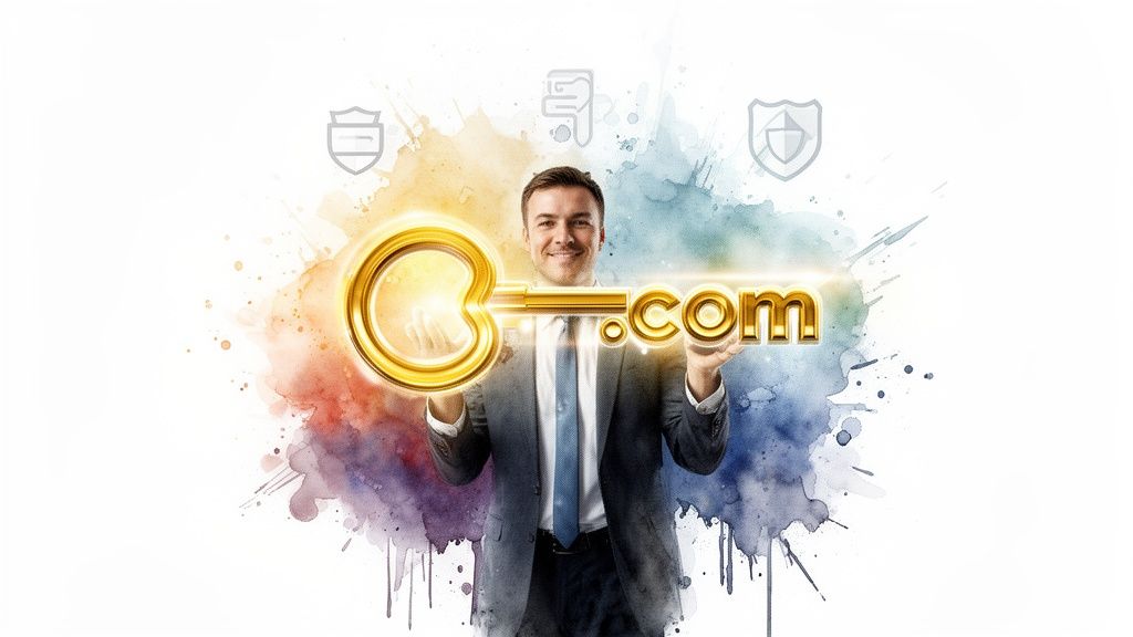Smiling man holds a glowing golden G.com key, symbolizing a premium secure domain.