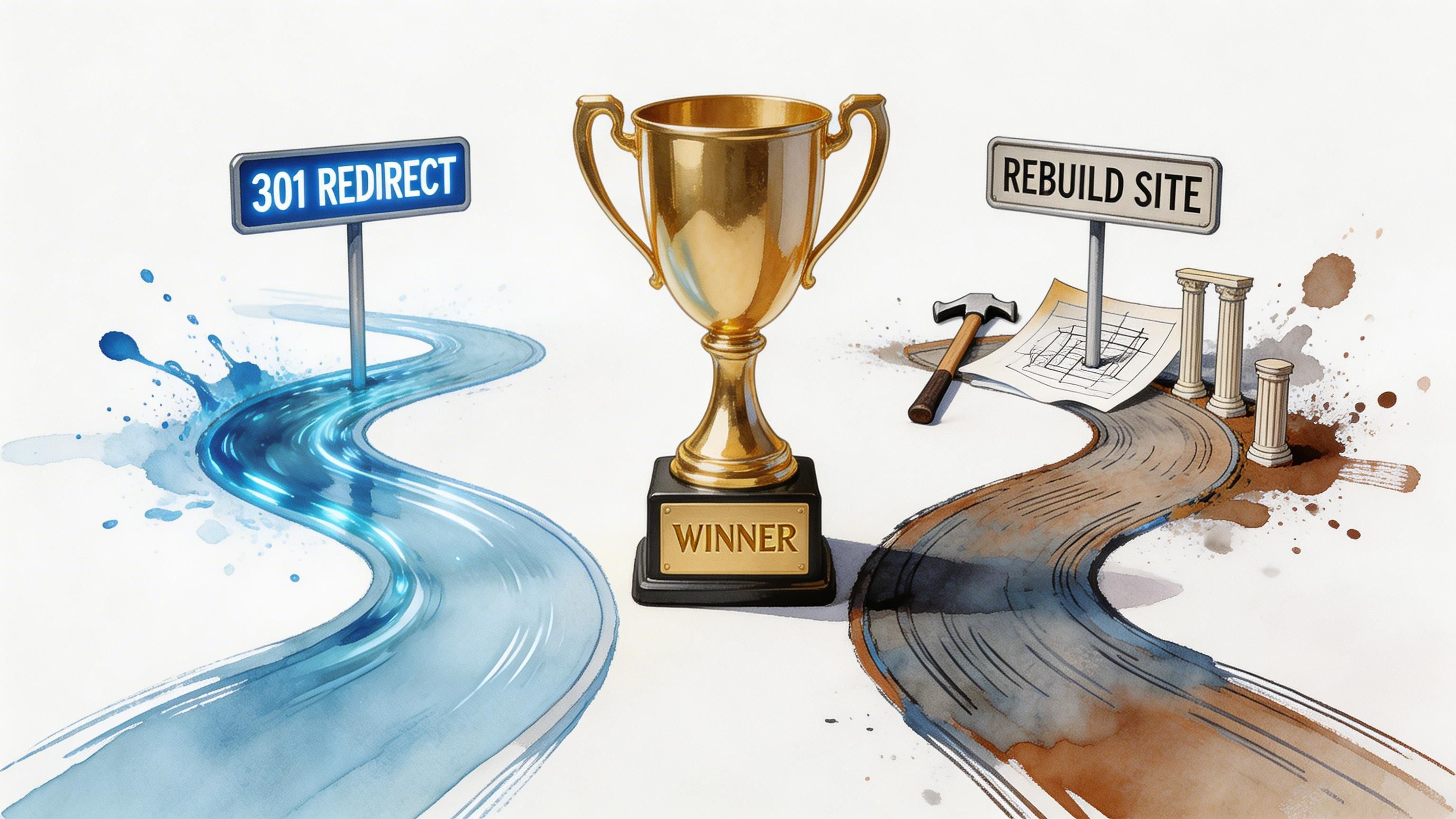 A golden trophy stands between a blue water path labeled 301 Redirect and a construction road for Rebuild Site.
