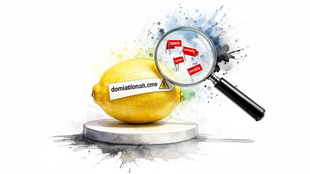 A lemon with a suspicious domain label, magnified to reveal hidden 'spam' and 'penalty' flags.