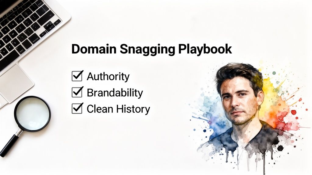 A 'Domain Snagging Playbook' checklist, including authority, brandability, and clean history, with a laptop and man's portrait.