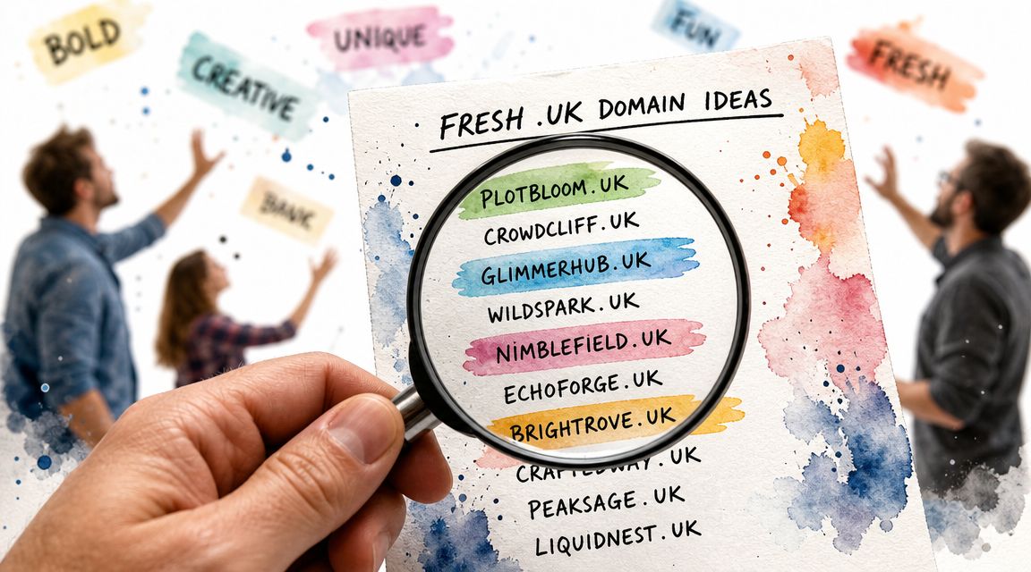 A hand holding a magnifying glass over a list of fresh dot UK domain name ideas.