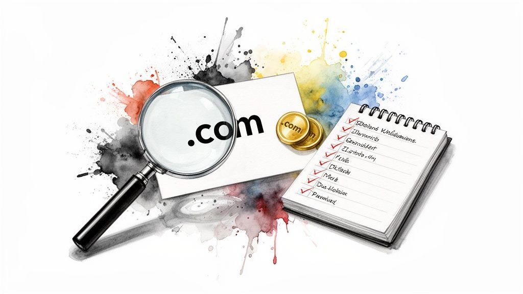 A magnifying glass, gold coins, and a checklist emphasizing searching for .com domain names.
