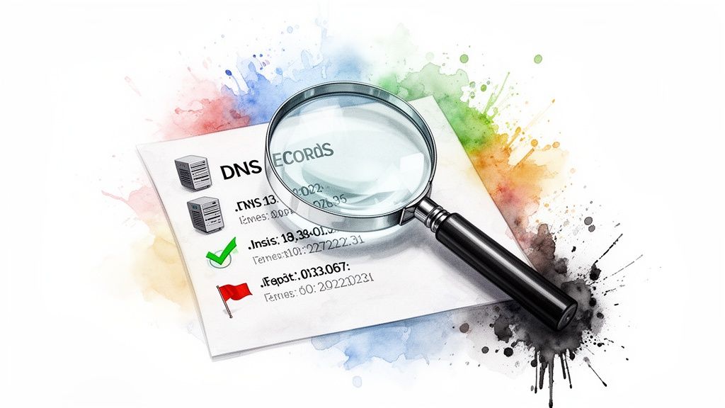 Magnifying glass over a document displaying DNS records, server icons, and status indicators.