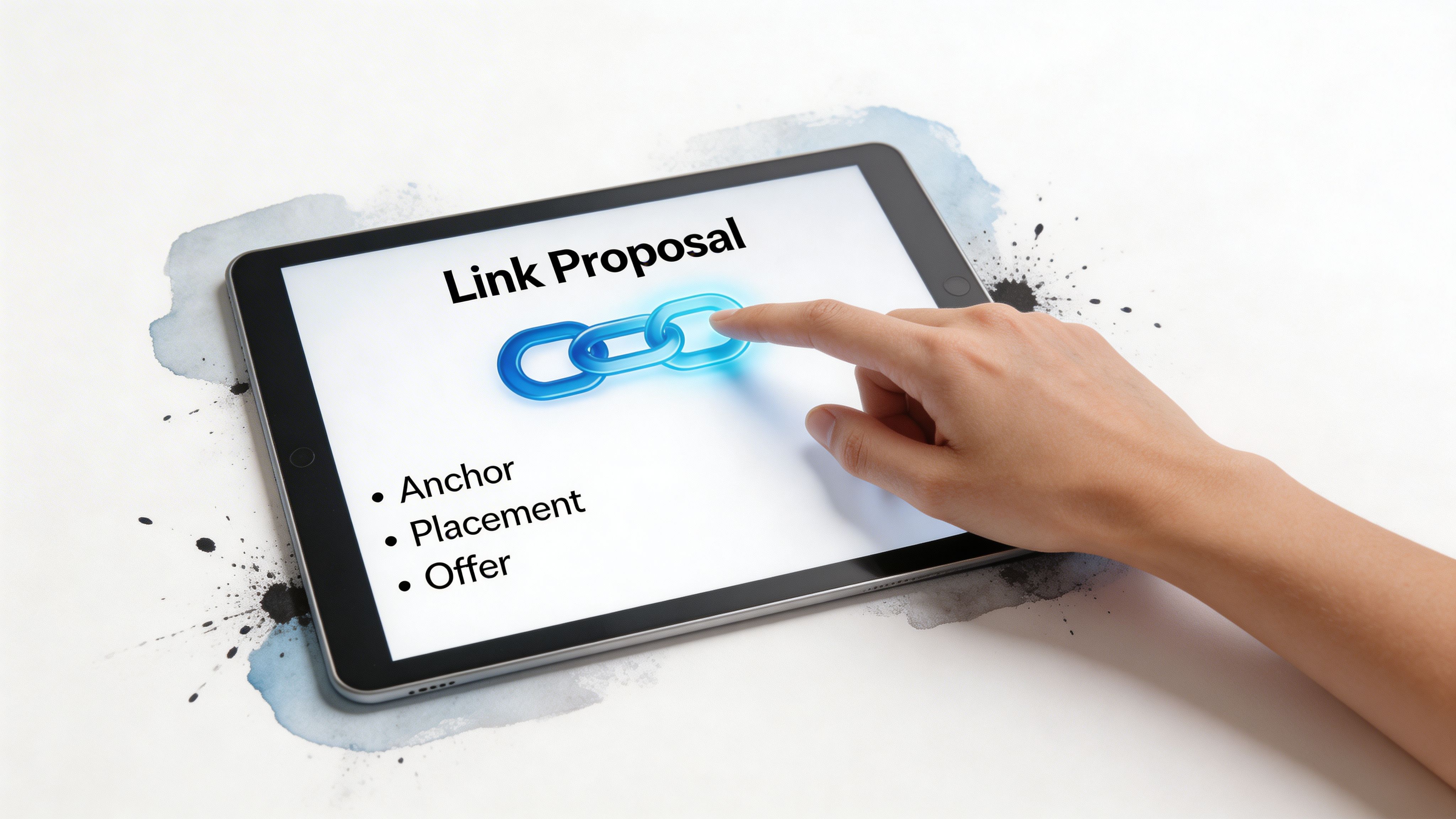 A person touching a tablet screen displaying a link proposal with anchor, placement, and offer bullet points.