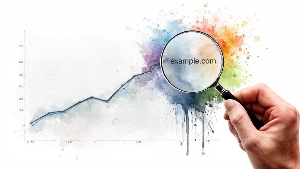 A hand holds a magnifying glass highlighting 'example.com' on an upward trending line graph with watercolor.
