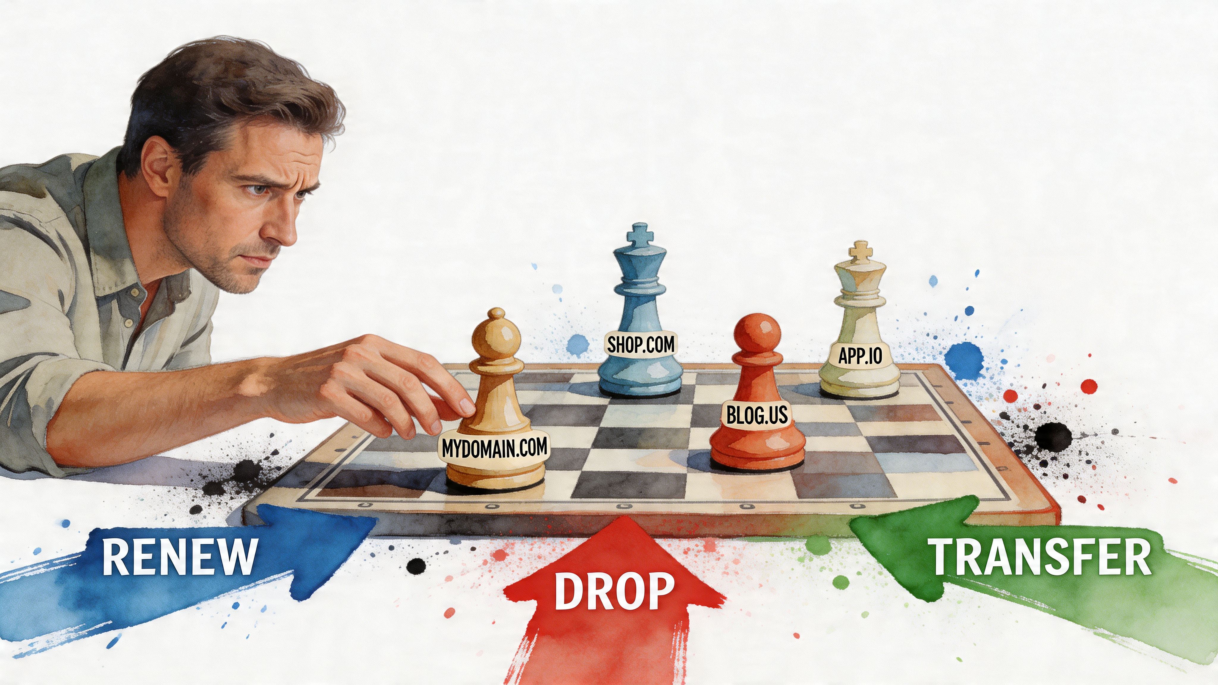 A man playing chess with domain name pieces representing options to renew, drop, or transfer a domain.