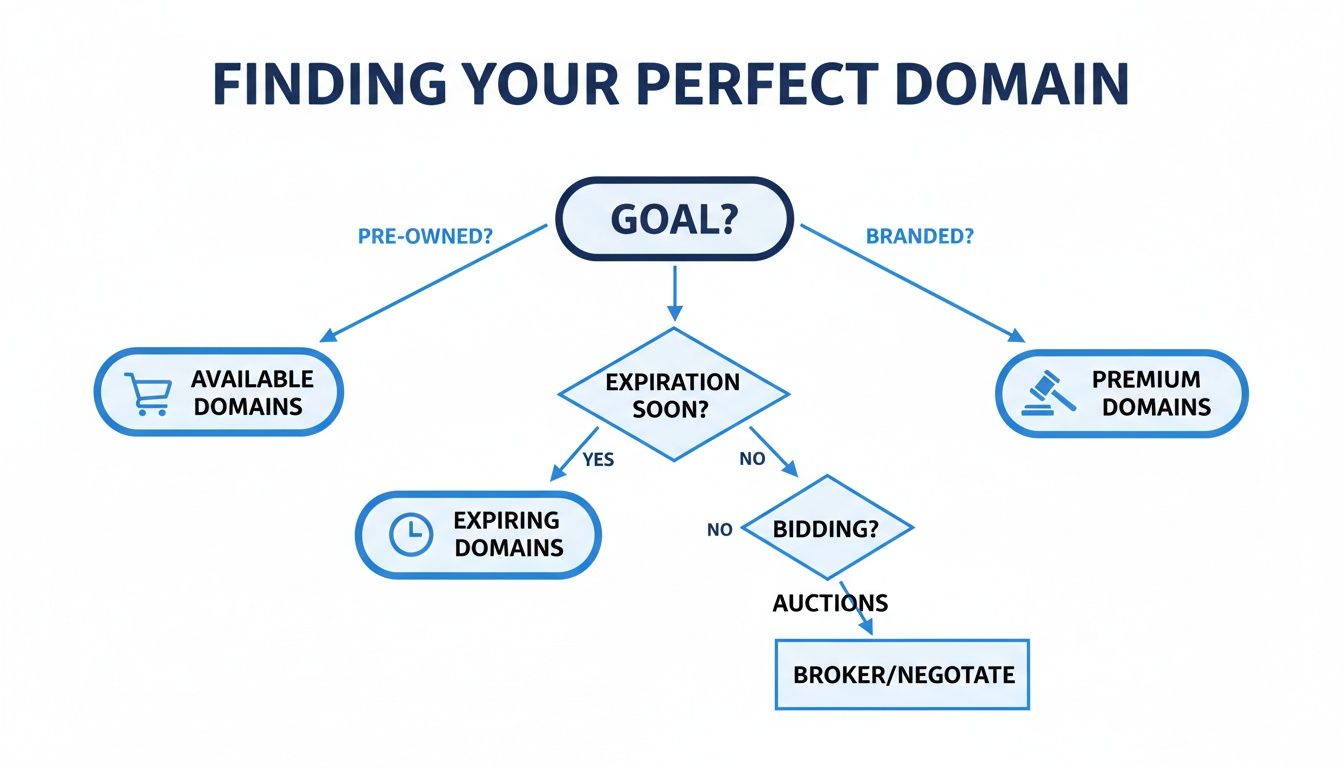 Flowchart illustrating steps to find your perfect domain, including available, expiring, and premium options.