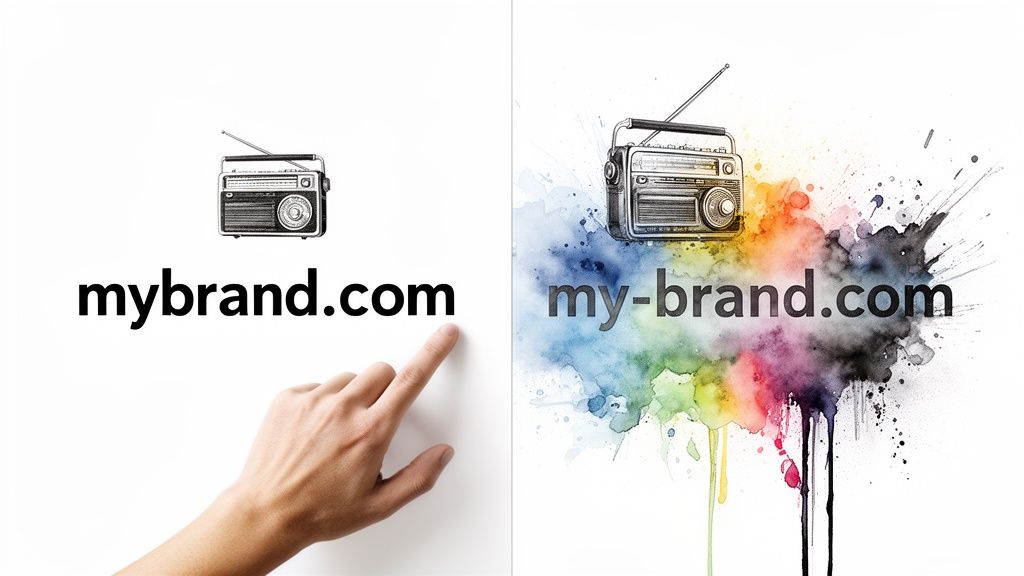 A hand points to 'mybrand.com', contrasted with 'my-brand.com' over a vibrant watercolor splash, both featuring radios.