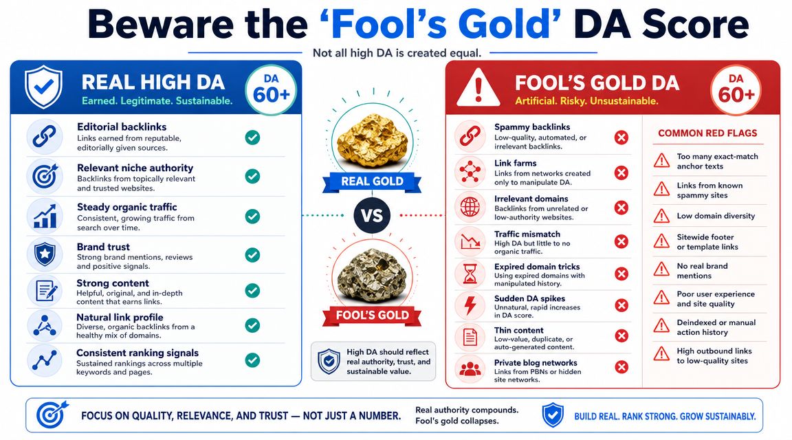 An infographic comparing Real High DA versus Fool's Gold DA for website search engine optimization.
