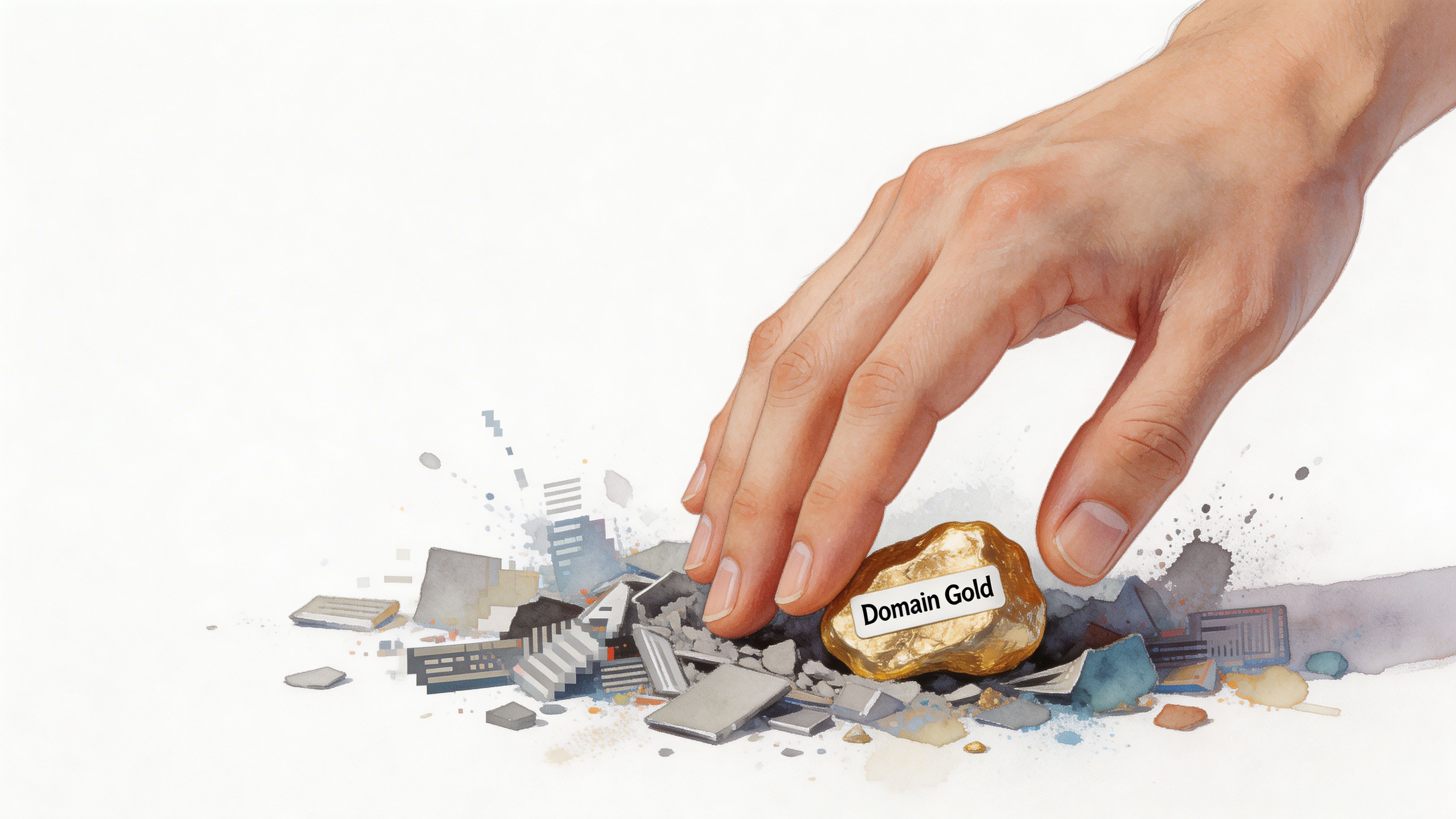 A hand reaching down to pick up a golden nugget labeled Domain Gold amidst digital rubble.