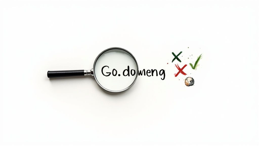Magnifying glass examining Go.domeng text with checkmarks and crosses representing domain name evaluation process