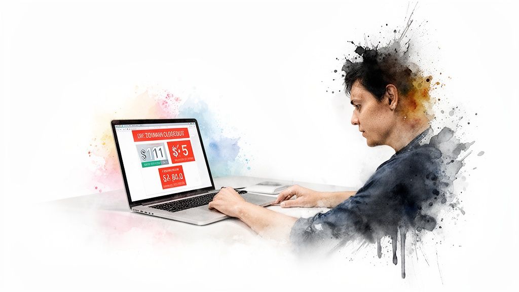 A person works on a laptop displaying a domain closeout auction with varying prices.