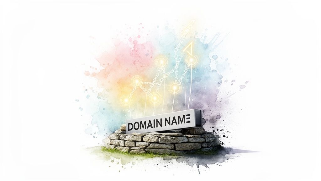 A 'DOMAIN NAME' sign on a stone base with an ascending chain graph and colorful watercolor splashes.
